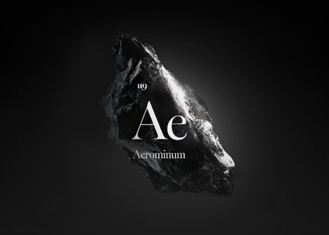 어두운 배경의 검은 광석 위에 “119 Ae Aerominum” 타이포그래피가 있는 이미지